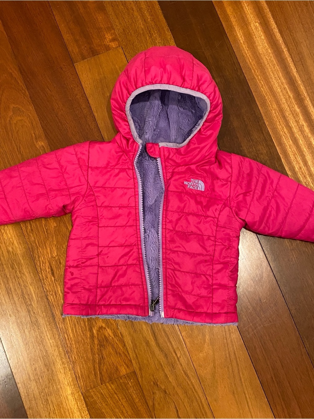 The North Face Hot Pink Puffer Jacket with Light Purple Logo